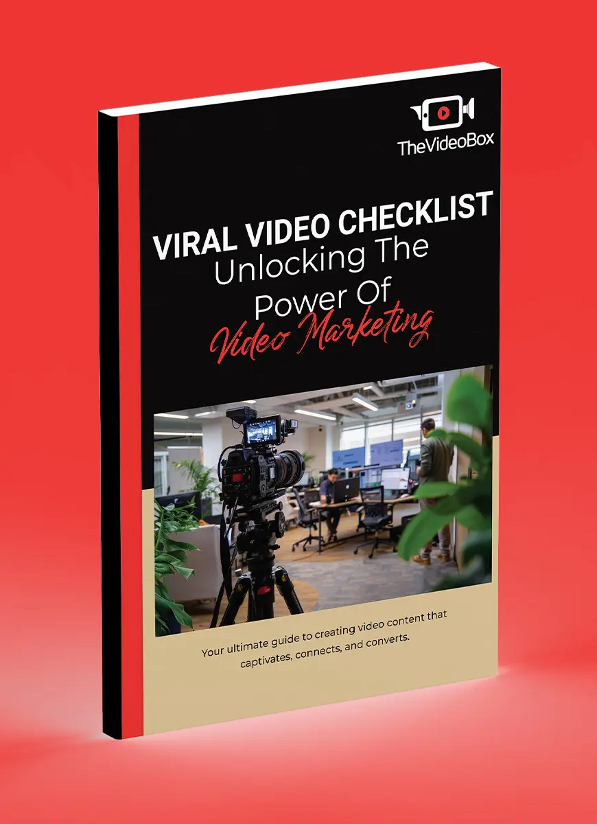 A mockup of the Ebook Viral Video Checklist on a red background, used as a free download for The Video Box's email list.