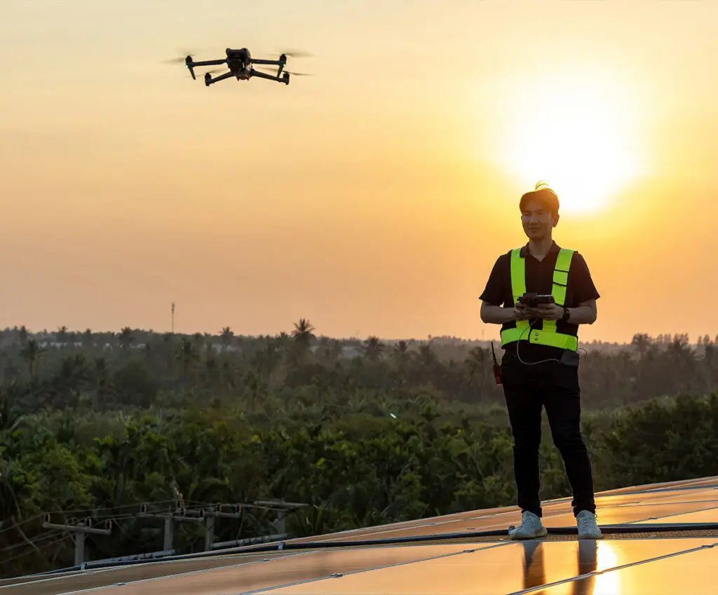 A professional drone operator wearing a safety vest standing on a roof filled with solar panels, smiling as he controls a drone in the air at sunset.