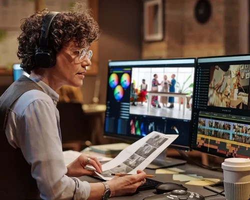 A post-production specialist wearing headphones, sitting in a modern editing suite, checking over a script while editing footage using Premiere Pro software on two monitors. Professional editing tools are visible on the desk in a dark, modern corporate space.